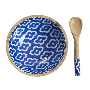 Cuenco de madera con estampado azul de buen diseño, cuenco para servir alimentos seguros, cuenco para servir frutas secas de madera hecho a mano al por mayor