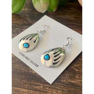 Navajo Handmade Bear Claw <b>Dangle</b> <b>Earrings</b> with Kingman Turquoise & Sterling <b>Silver</b> Drop Animal Shape Pattern - Product Image 4