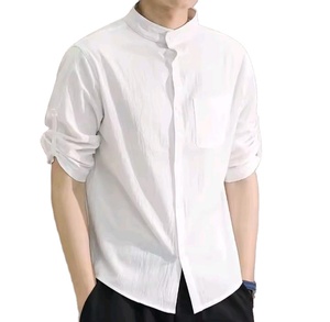 Chemise Homme en Coton et Lin à Manches Trois-Quarts de Haute Qualité, Infroissable, Respirante, Col Montant, Couleur Unie – Vente en Gros - Product Image 2