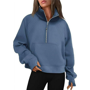 Sudadera con capucha de algodón 100% para mujer, media cremallera, cuello levantado, invierno, transpirable, sostenible, antiarrugas, con logotipo en la parte delantera y trasera - Product Image 1
