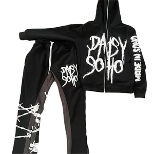 OEM Vintage Acid Washed Cotton Thick <b>Zip</b> up Applique Embroidery Patch Flared Full Tracksuits Mens Hoodies Sweatshirt Jogger Sets - Product Image 1