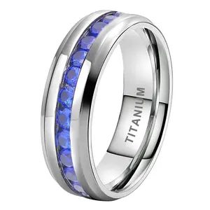 Mens Cubic Zirconia Wedding Bands Coolstyle Jewelry 6mm Pure Titanium Ring For Women Men Blue Cubic Zirconia CZ Inlay Fashion Eternity Engagement Wedding Band
