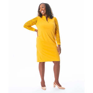 Abito tubino comodo da donna Kasper con maniche in pizzo, giallo, taglia media - Product Image 1