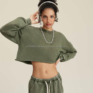 Custom Cropped Hoodies <b>Raw</b> Hem Woman Blank Cotton French Terry Pullover Oversized Acid Wash Women's Puff Print Crop Top Hoodies - Product Image 5