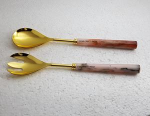 Atractivo Acero inoxidable chapado en oro con resina y mango de madera Servidor plano de mezcla y cocina de ensalada de acero inoxidable - Product Image 6