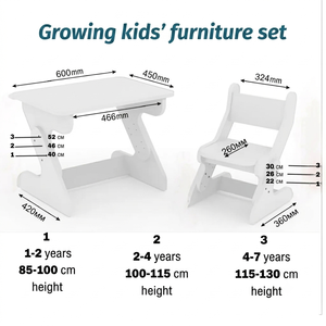 White Wooden Kids <b>Study</b> Desk and <b>Chair</b> Set Adjustable Toddler Table Set with Matching Seat for Home School - Product Image 3