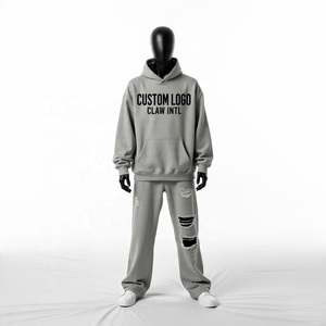 Personalizado en blanco Zip Up Hoodie Joggers Baggy Fleece algodón Pantalones de chándal y Sudadera con capucha Conjunto 450gsm Bordado Logo Chándales para los hombres - Product Image 2