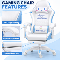 Fauteuil de jeu moderne blanc et bleu en PVC avec repose-pieds, accoudoirs intégrés, coussins et fonction inclinable pour bureaux à domicile, salles d'étude et salles de jeu
