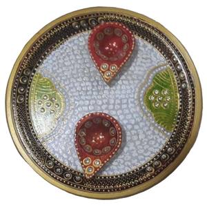 Beautiful Best Selling White Makrana Marble Gold Painted Pooja Thali Elegant <b>Gift</b> <b>Set</b> Design for Spiritual Use - Product Image 3