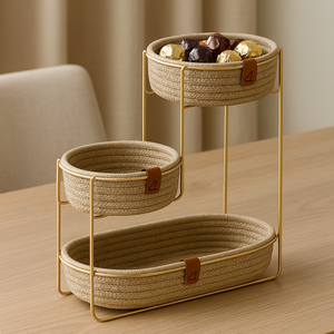 Plateau de service moderne à 3 niveaux en rotin naturel pour cuisine et salon, présentoir réutilisable et détachable pour desserts, fruits et collations - Product Image 2