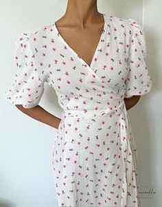 Floral Wrap Midi <b>Dress</b> Puff <b>Sleeve</b> Cottagecore <b>Dress</b> Casual Cotton <b>Summer</b> <b>Dress</b> Womens Vacation & Picnic Outfit - Product Image 4