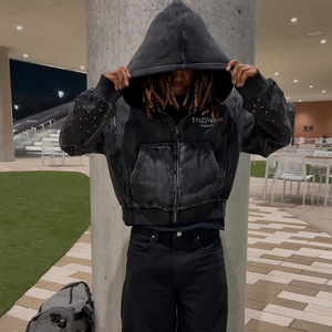 Sweat à capuche personnalisé streetwear, lourd, délavé, à trois fermetures éclair, avec empiècements, effet délavé à l'acide, strass - Product Image 2