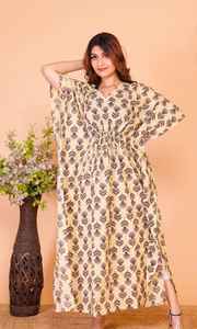 Pure Cotton Maxi <b>Kaftan</b> for <b>Women</b> Hand Block Printed Floral Loungewear with Tassel Casual Party Style for Spring - Product Image 2