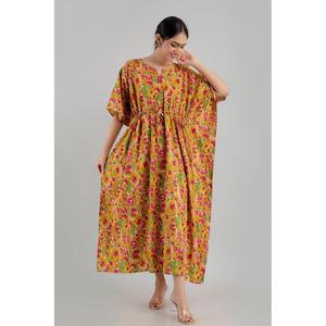 Robe longue ethnique jaune à imprimé floral, en pur coton, taille élastique, longueur genou, vêtements décontractés pour la journée - SHKUP1251 Tailles XS à XL - Product Image 3