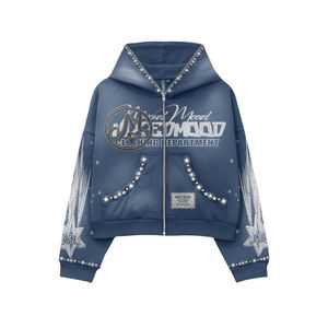 Sudadera con capucha de invierno para hombre, personalizada, de felpa gruesa, con pedrería bordada, estilo urbano, con cremallera completa y logo de diamantes de imitación. - Product Image 4