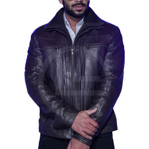 Veste de motard en cuir véritable pour hommes avec poches à fermeture éclair, col montant, tissu en toile, imperméable et coupe-vent - Product Image 1