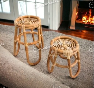 Tabouret en bambou et rotin vintage fait à la main tabouret rond en osier ou Table à thé pour la maison café artisanat Console d'incrustation d'os - Product Image 3