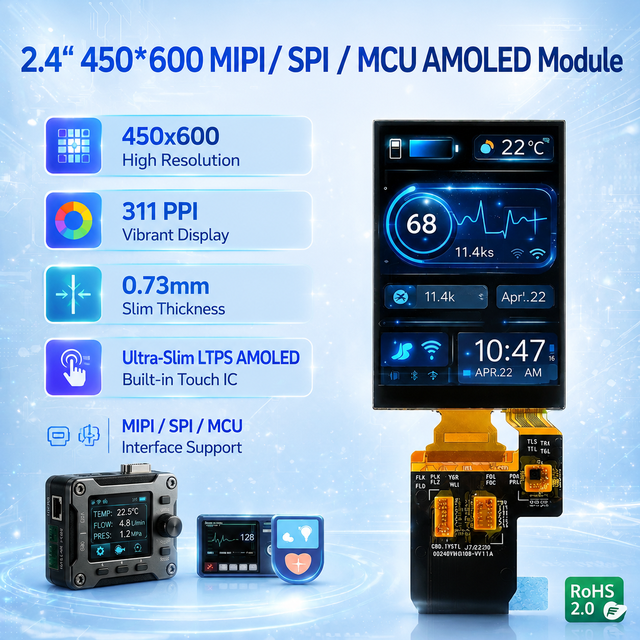 2.4 Inch 450x960 MIPI SPI MCU Interface AMOLED Display Module 800nits High Brightness for Electronic HMI AI Equipment