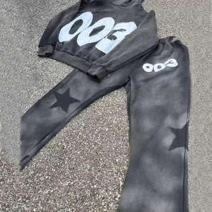 Unisex Plus Size <b>Men</b> Autumn Solid Breathable <b>Thermal</b> Acid Wash Sun Faded Flared Zip Hoodie Sweatpants Set Custom Embroidery High - Product Image 4