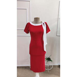 Women's <b>Short</b>-Sleeved Imported Crepe <b>Dress</b> with Decorative Lace-Up Neckline, 35764 - <b>Red</b> - Product Image 6