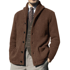 Cardigan vintage décontracté à revers pour hommes, pull de couleur unie en automne et en hiver, veste en tricot chaud en laine/cachemire - Product Image 2