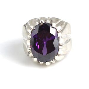 925 Sterling <b>Silver</b> Men's <b>Ring</b> Amethyst Color Stone <b>Plain</b> Polished Rhodium Plated Geometric Pattern Oval Cut Everyday Wear - Product Image 2