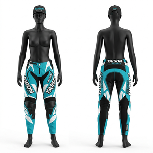 Pantalon de motocross pour femme, tissu extensible premium en polyester et élasthanne, design à panneaux rose et turquoise, logo personnalisé par sublimation, pantalon de moto - Product Image 2