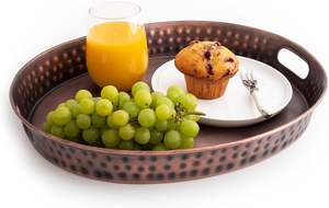 Plateau de courtoisie décoratif en métal martelé finition cuivre antique plateau de service ottoman ovale pour organisateur de comptoir de salle de bain de cuisine - Product Image 4