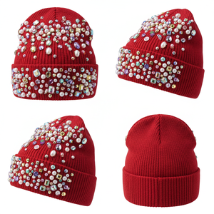 Bonnet en tricot streetwear personnalisé avec strass et pierres précieuses, chaud, orné de perles et de strass, 2026 - Product Image 1