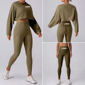 Traje de Yoga para gimnasio de 2 uds para mujer, camisas cortas transpirables de entrenamiento ajustadas, sujetador, Top largo, mallas sueltas para trasero, conjunto de Yoga deportivo - Product Image 6