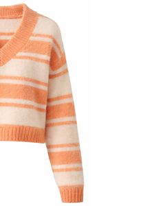 Customized Peach White Striped <b>Women</b> V Neck Knit Sweater Soft Fuzzy Fabric Long Sleeve <b>Cropped</b> Winter Casual Fashion Pullover - Product Image 4
