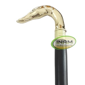 Canne de marche en laiton doré avec tête de canard et manche en bois foncé |   Canne de marche classique avec poignée en forme d'oiseau pour un style vintage décoratif - Product Image 1