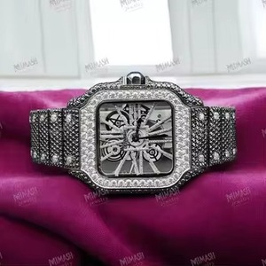 Montre glacée à cadran squelette de luxe avec pierres CZ noires et blanches, mouvement mécanique, montre de mode unisexe à visage carré - Product Image 1