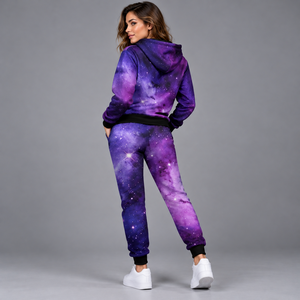 Ensemble de survêtement 2 pièces pour femme avec sweat à capuche zippé et pantalon de jogging, imprimé galaxie personnalisé, 100 % polyester, séchage rapide - Product Image 2