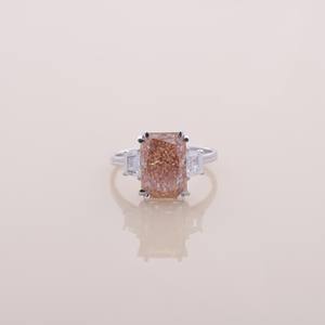 IGI Certified Radiant Cut Peach Pink Lab Diamond Three Stone Ring with Trapezoi Side Diamonds in <b>Solid</b> 925 Sterling <b>Silver</b> - Product Image 1