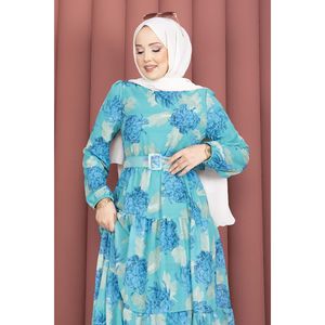 Vestido de Chifón con Cinturón y Estampado Floral Turquesa, Diseño ODM Personalizado, Vestidos Translúcidos de Moda para Ocasiones Diurnas, Naturales - Product Image 2