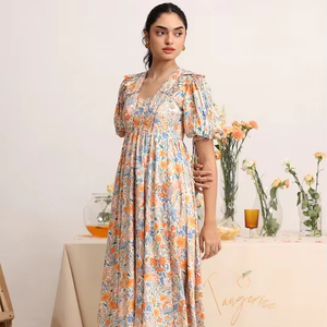 Robe longue en coton indien bloc à la main avec imprimé floral cadeau de mariage personnalisé pour la mariée vêtements d'été pour son approvisionnement ODM - Product Image 1