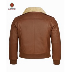 Men's Handmade Lambskin <b>Brown</b> Leather Bomber Jacket Vintage Biker with Quilted Fur Collar - Product Image 2
