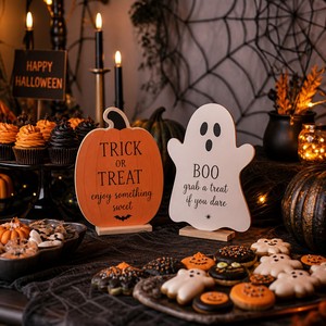Halloween Table Decorations Pumpkin Ghost Centerpiece Trick or Treat Wooden Table Sign Party Decor for Halloween Party - Product Image 3