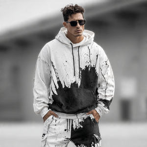 ชุดวอร์มฤดูหนาวทรงหลวมสไตล์ Acid Wash สำหรับผู้ชาย เสื้อฮู้ดดี้แบบสวมหัว ไหล่ตก กางเกงวอร์มทรงจ็อกเกอร์แบบมีซิป ผ้าหนา - Product Image 2