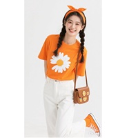Nouveau T-shirt tricoté pour femme, imprimé (motif graphique), écologique, respirant, durable, anti-rétrécissement, 65% Coton + 35% Spandex, coupe classique, Orange