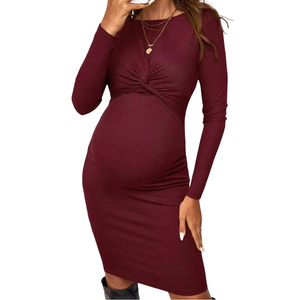 Nouvelle mode de robe pour femmes enceintes en tricot de couleur unie, col rond, manches longues, robe de maternité extensible - Product Image 6