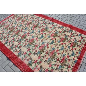 Vintage <b>Wool</b> Turkish Rug 5.6x8.8 ft (170x269 Cm) <b>Red</b> Check Patchwork Design with Latex Backing - Product Image 4