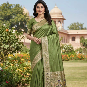 Luxury Indian Ethnic Wear: <b>Green</b> <b>Silk</b> Saree with Antique Gold Zari Work - Product Image 1