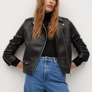 เสื้อแจ็กเก็ตหนังแกะแท้ของผู้หญิงคุณภาพสูงแบบคลาสสิกโมโตจบพร้อมปกคอตั้งทรงพอดีตัวเพรียวบาง - Product Image 4