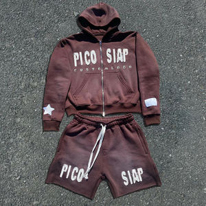 Best Supplier's Newest Two-Piece Summer Casual Wear Distressing Embroidery <b>Zip</b> <b>up</b> <b>Hoodie</b> and Shorts with Custom Logo Print - Product Image 1