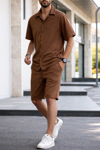 Men Button <b>Shirt</b> and Shorts Set Printed | Summer Casual Two Piece Outfit | <b>Waffle</b> Knit Matching Set - Product Image 6