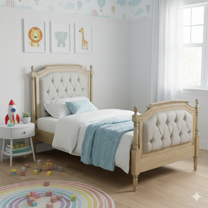 Cama Infantil de Estilo Moderno y Lujoso, Color Madera Natural, Madera Maciza, Cabecera Tapizada con Botones para Dormitorio Infantil, Disponible en Tamaño Individual - Product Image 1