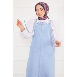 Vestido Overol de Mezclilla Azul Claro con Bolsillos Laterales, Estilo Casual Simple, Mangas Cortas, Decoración de Botones, Corte Recto para el Verano - Product Image 2