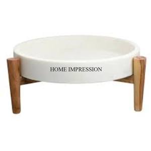 Pièce maîtresse de table et décoration bols de forme ronde en marbre de couleur blanche avec base de designer unique en bois du fournisseur indien - Product Image 4